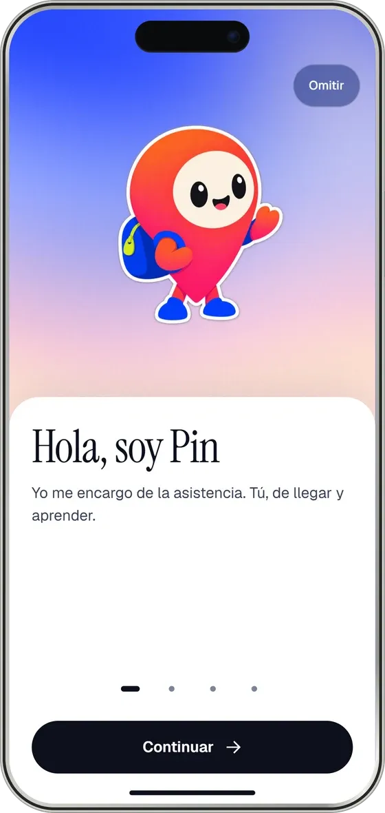Pantalla de bienvenida de DidIAttend con Pin, la mascota de la app.
