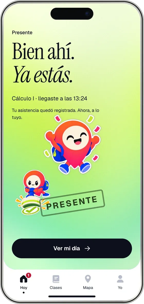 Pantalla Presente: la asistencia quedó registrada al llegar.