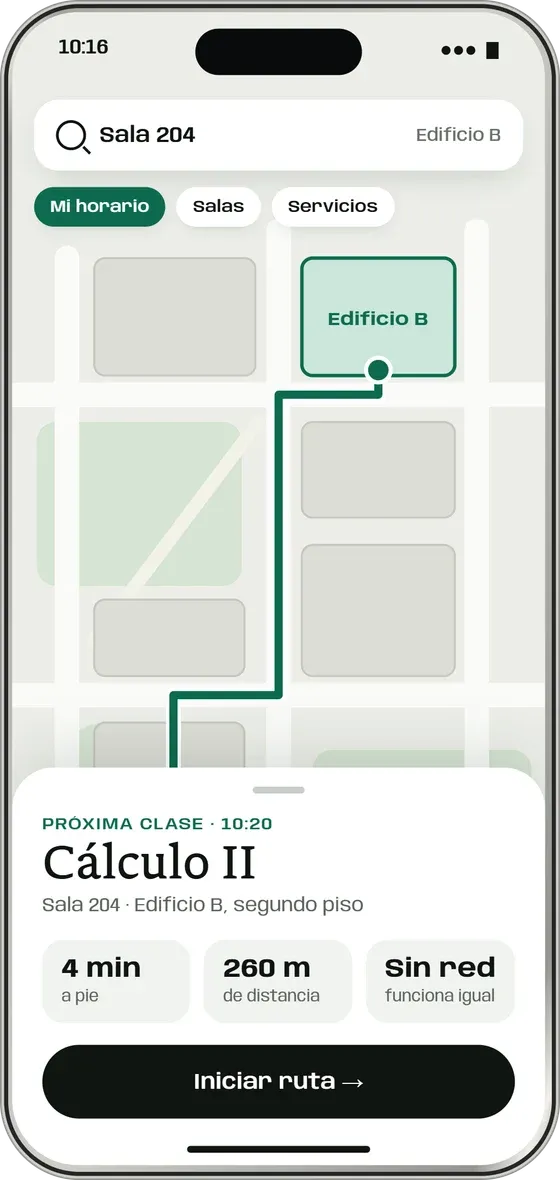 Mapa del campus con la sala buscada y su edificio destacado.